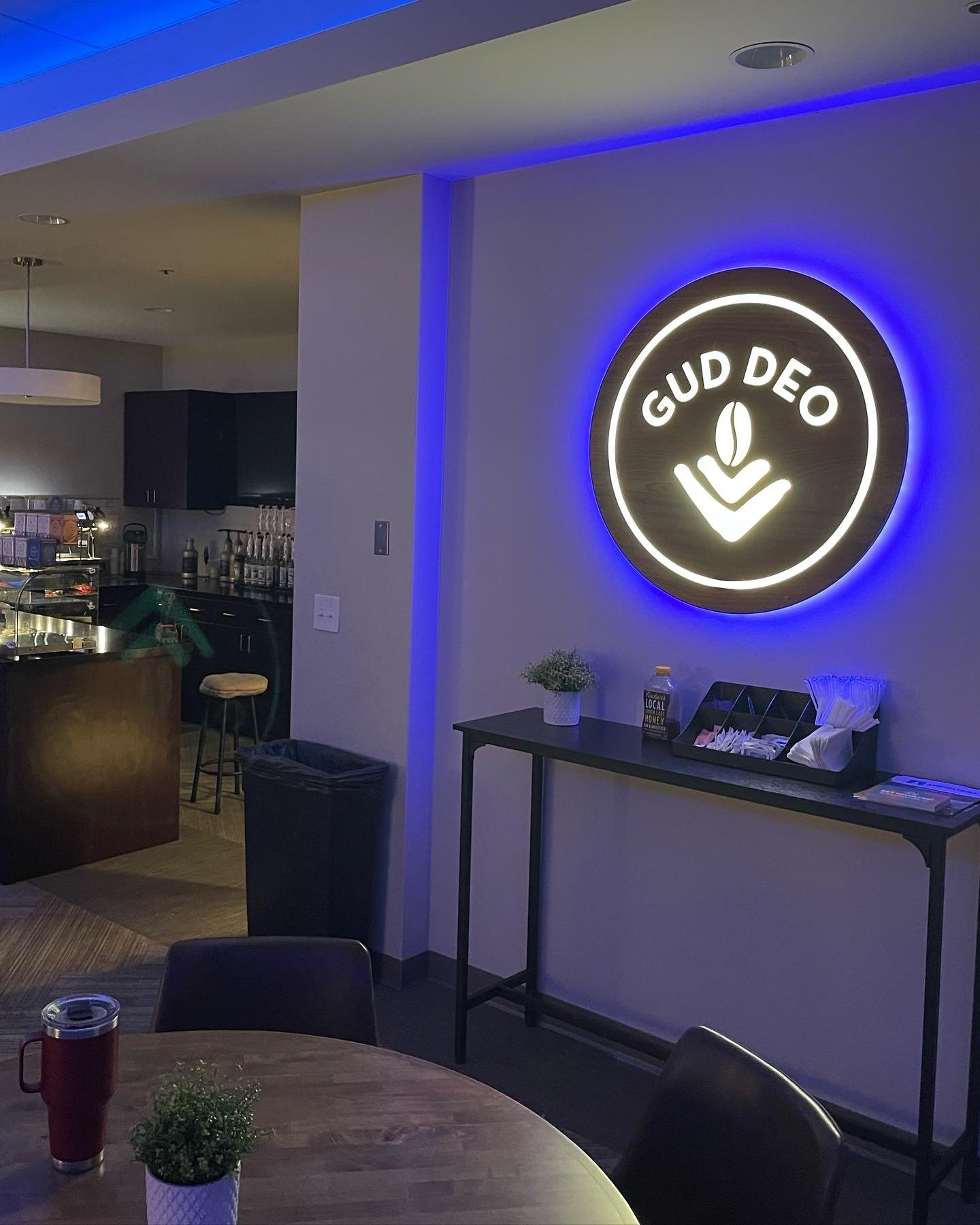 Walnut Cafe Logo Sign with Epoxy and LED Lighting